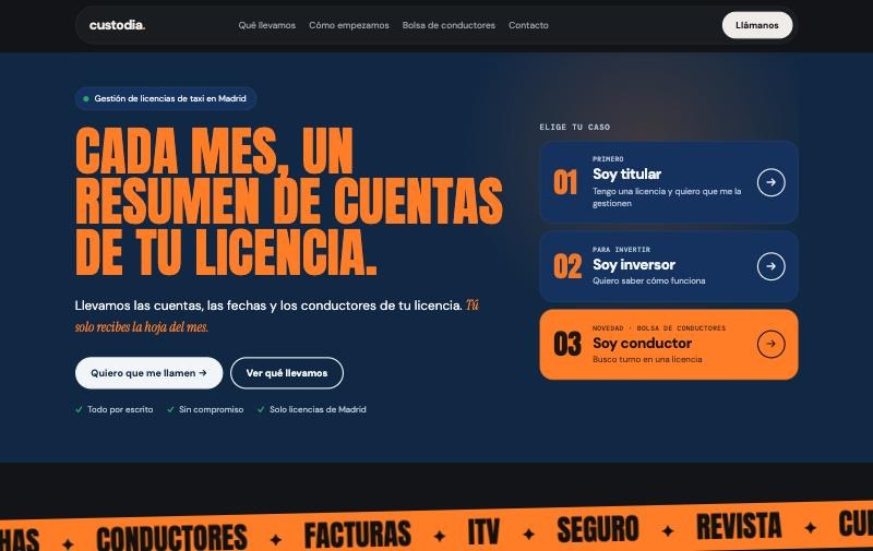 Web de Custodia en ordenador: «Cada mes, un resumen de cuentas de tu licencia», gestión de licencias de taxi en Madrid
