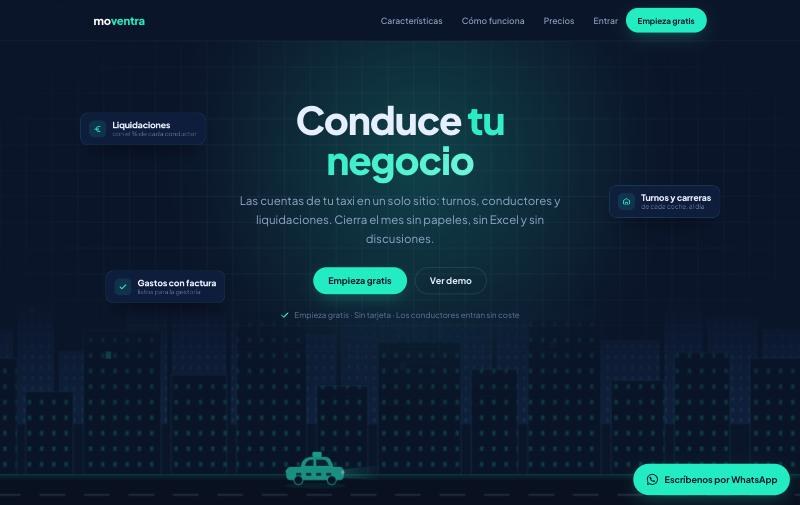 Web de Moventra en ordenador: «Conduce tu negocio», las cuentas del taxi en un solo sitio